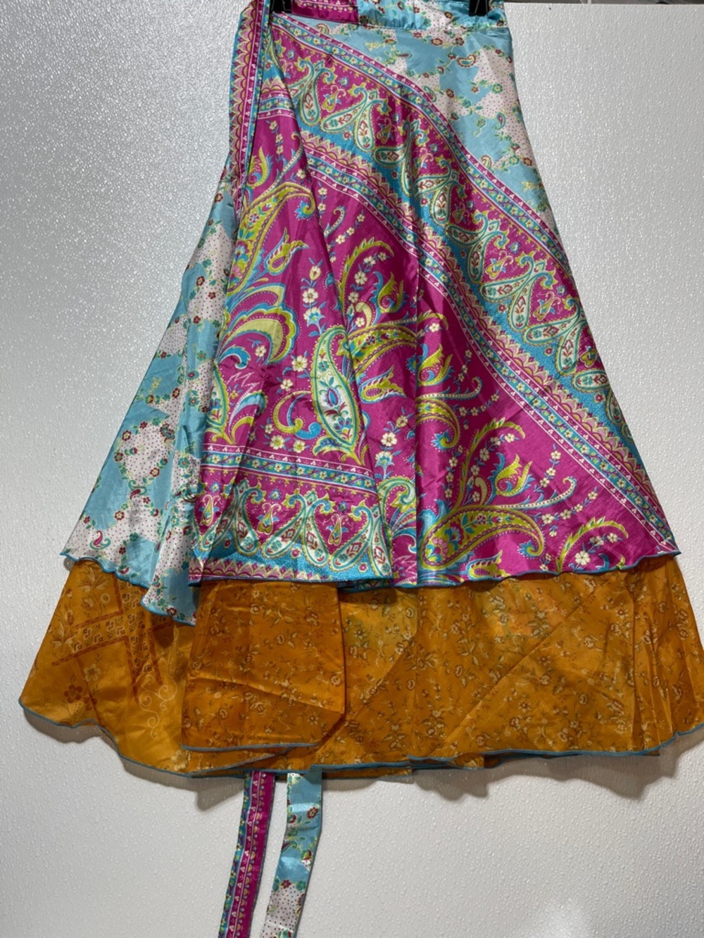 2/$60 SILK Bohemian Paisley Wrap Maxi Skirt in Fuchsia and Aqua